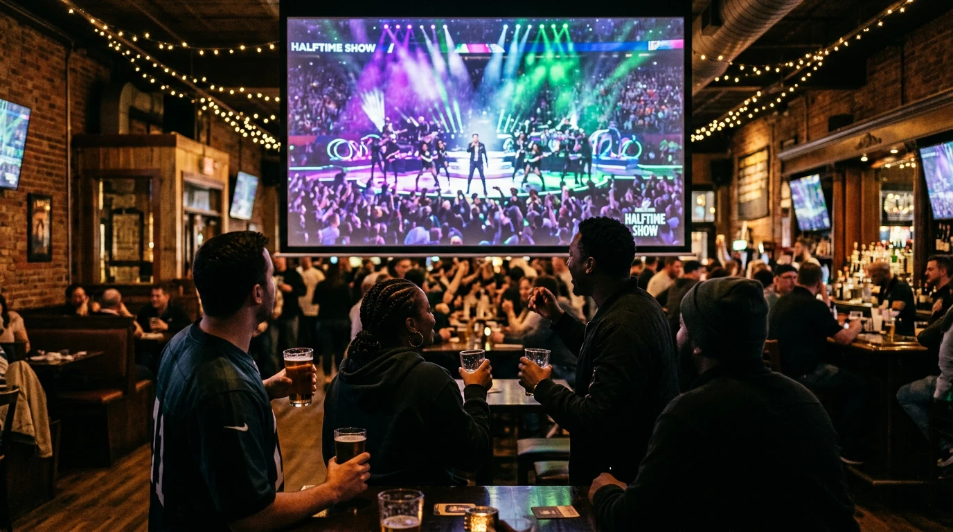 Aficionados viendo el halftime show de la Super Bowl en un bar deportivo
