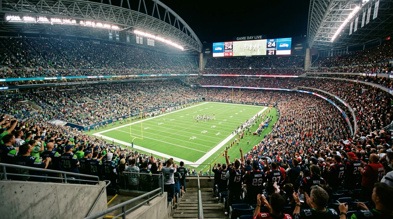 Estadio de la Super Bowl LX con aficionados de Seahawks y Patriots